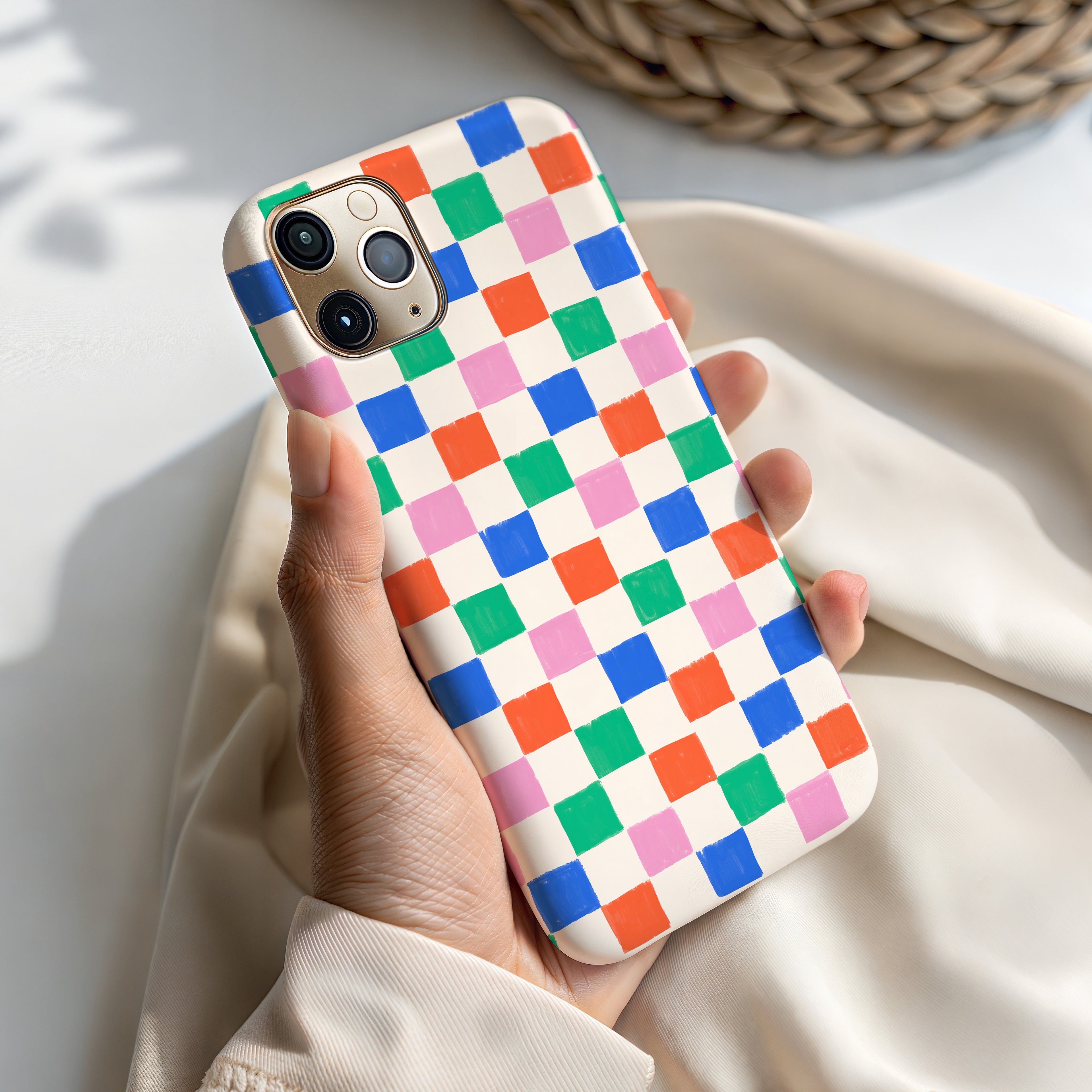 A hand holding a colorful phone case with a checkered pattern.