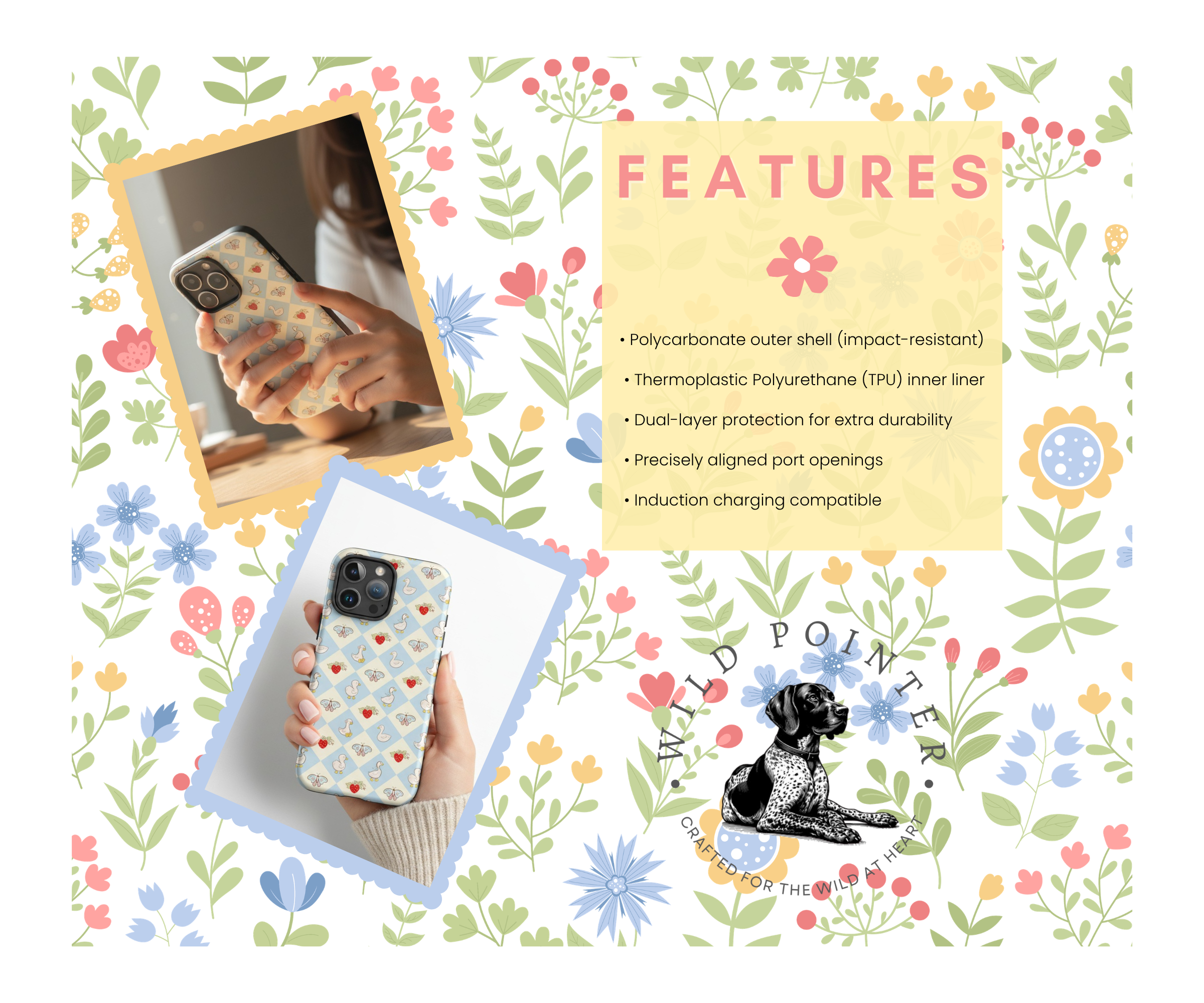 The image is a collage featuring a person holding a phone case with a floral pattern, a close-up of a phone case, and a dog. The collage includes text that describes the features of the phone case, such as its material, durability, and port openings.