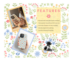 The image is a collage featuring a person holding a phone case with a floral pattern, a close-up of a phone case, and a dog. The collage includes text that describes the features of the phone case, such as its material, durability, and port openings.