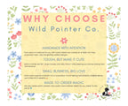 The image is a colorful advertisement for Wild Pointer Co., featuring a variety of flowers and plants surrounding the text.
