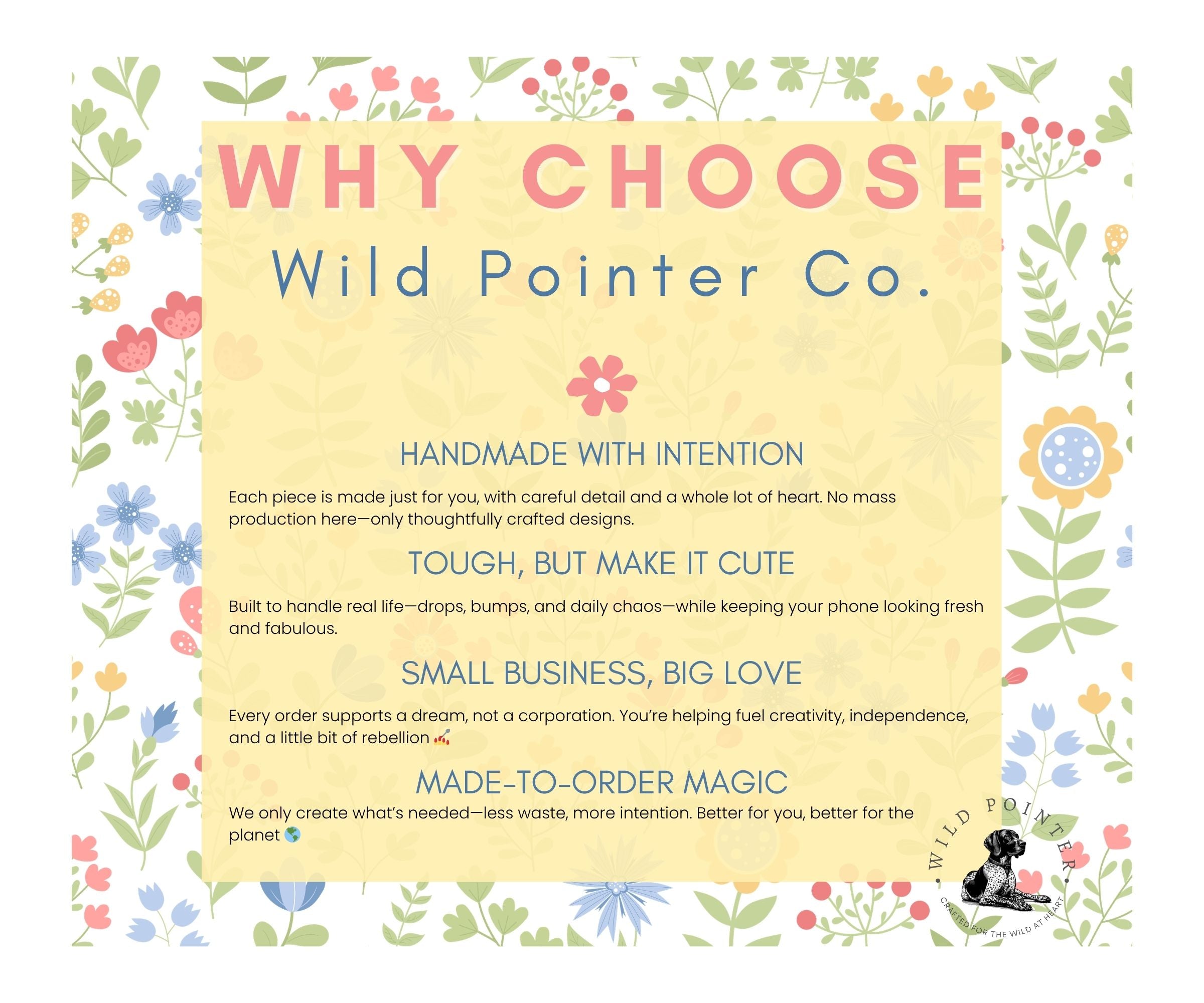The image is a colorful advertisement for Wild Pointer Co., featuring a variety of flowers and plants surrounding the text.