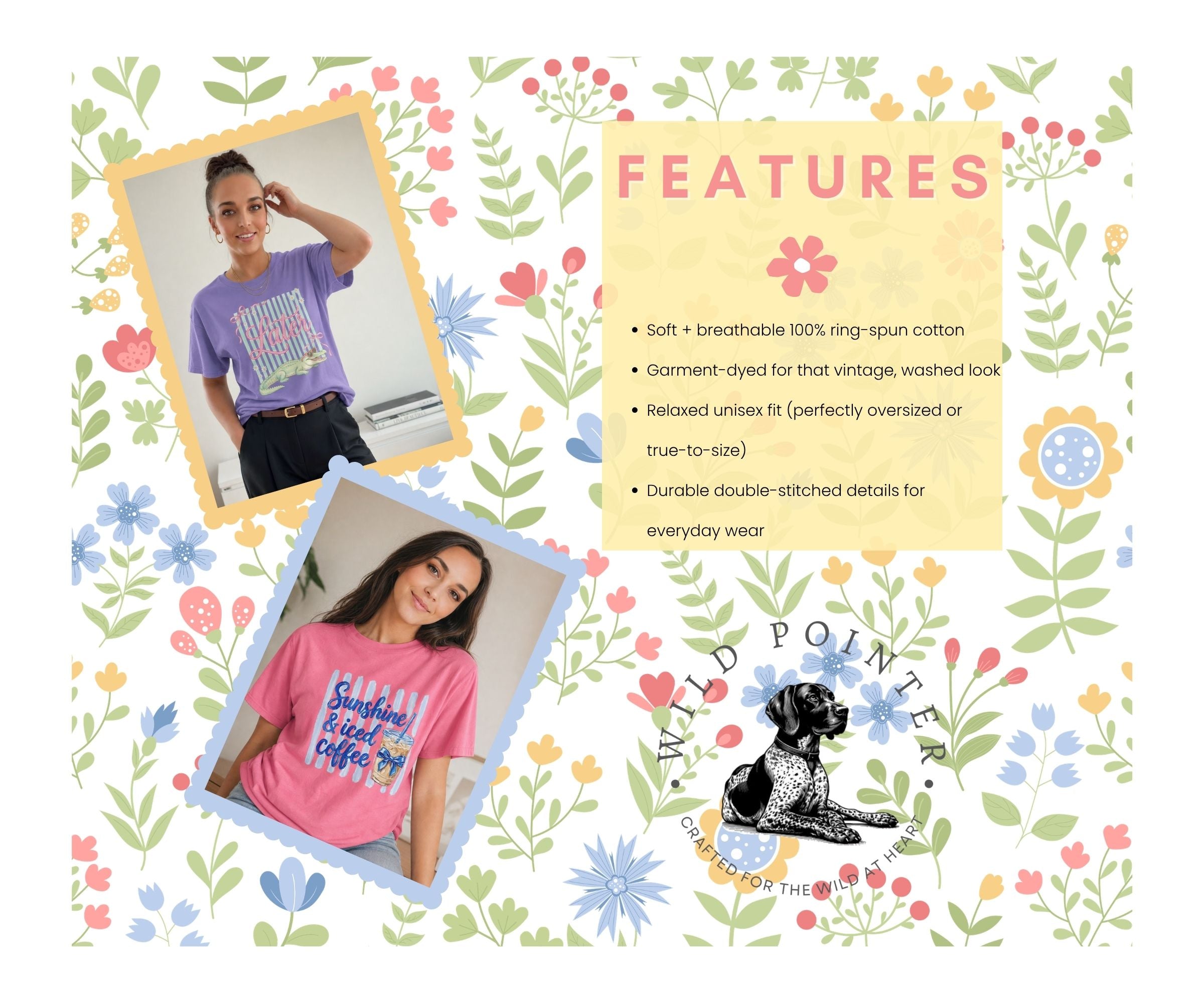 The image is a collage featuring a woman in a pink shirt and a woman in a purple shirt, both smiling and posing. The collage also includes a yellow flower pattern and a black and white dog logo.