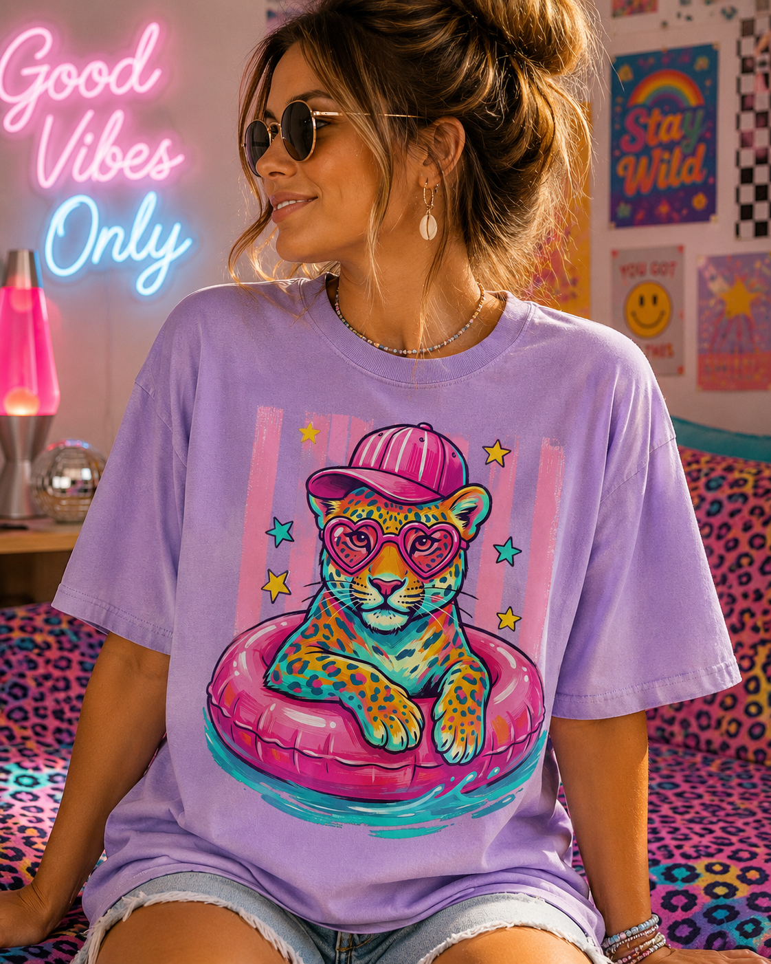 A woman wearing a purple t-shirt with a colorful illustration of a leopard wearing sunglasses and a hat, sitting on a couch in a room with neon signs and posters.