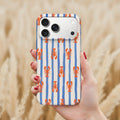 A hand holding a smartphone with a striped pattern of orange and blue lobsters on a white background.