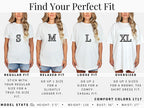 The image is a collage of four images showing different sizes of the same white t-shirt, with each image featuring a woman wearing the t-shirt in a different size.